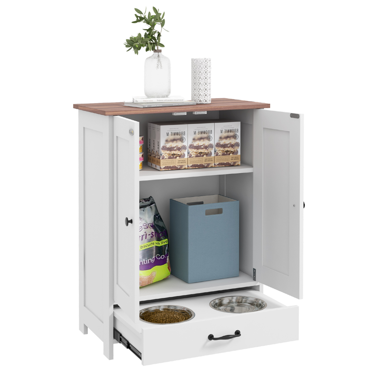 PawHut Stylish Dog Feeding Station with Storage & Adjustable Bowls