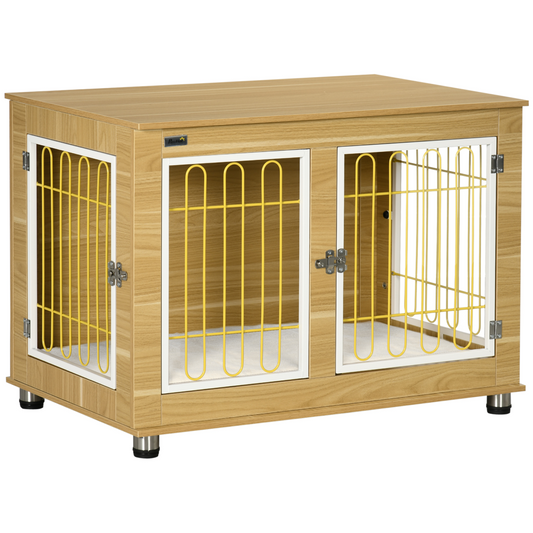 Stylish Dog Crate End Table with Cushion - Elegant Oak Tone, Double Door Design