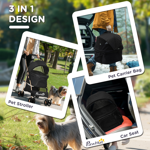 PawHut 3-in-1 Black Pet Stroller: Travel Carriage for Dogs & Cats