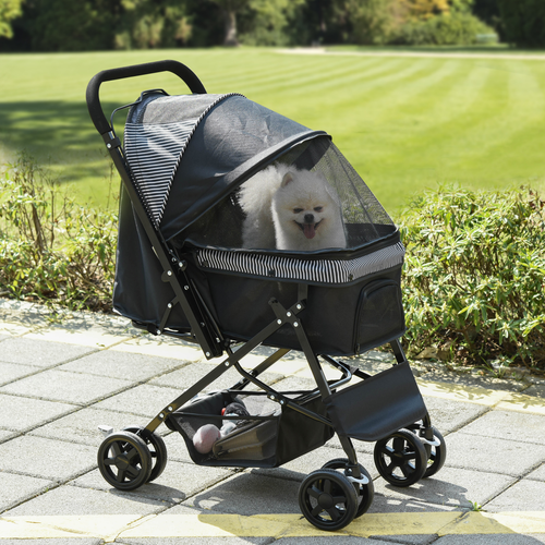Trendy Foldable Pet Stroller for Dogs & Cats - Reversible Handle, Black