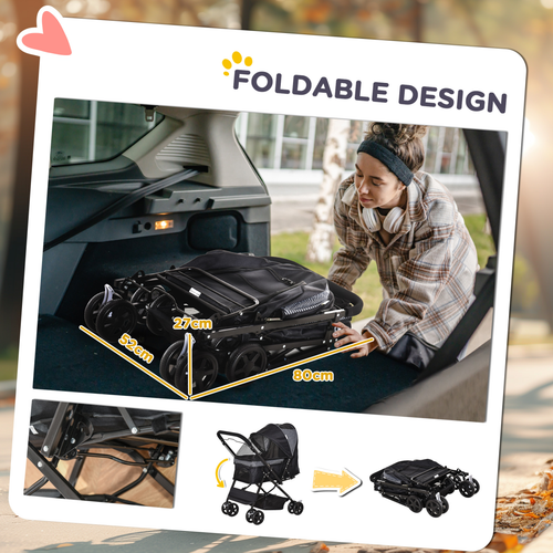 Trendy Foldable Pet Stroller for Dogs & Cats - Reversible Handle, Black