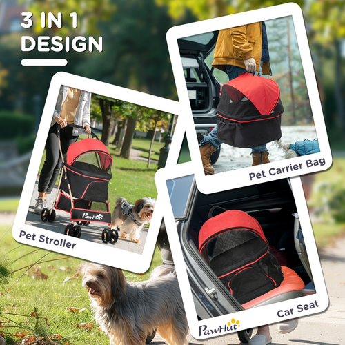 PawHut 3-in-1 Detachable Pet Stroller: Travel Carriage for Dogs & Cats - Red