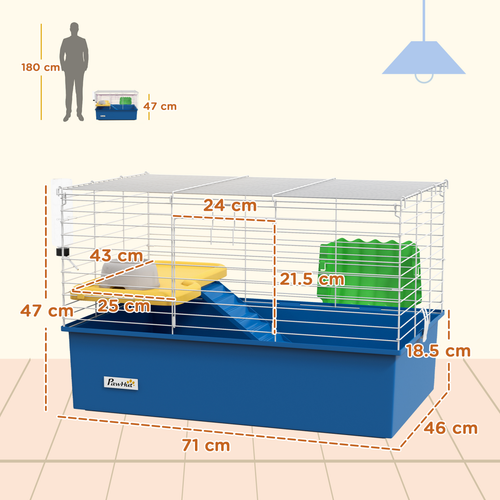 PawHut Cozy Rabbit & Guinea Pig Cage - Bright Blue Small Animal Playhouse