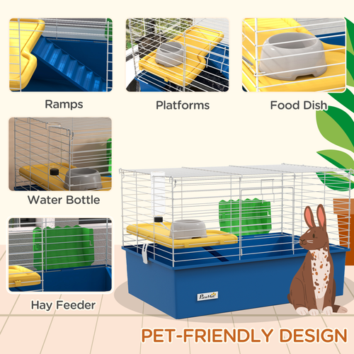 PawHut Cozy Rabbit & Guinea Pig Cage - Bright Blue Small Animal Playhouse