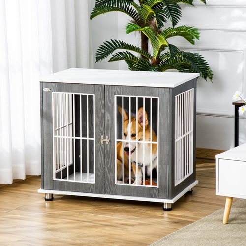 Stylish Grey & White Dog Crate: Dual-Function Kennel & Side Table Combo