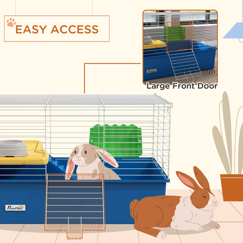 PawHut Cozy Rabbit & Guinea Pig Cage - Bright Blue Small Animal Playhouse