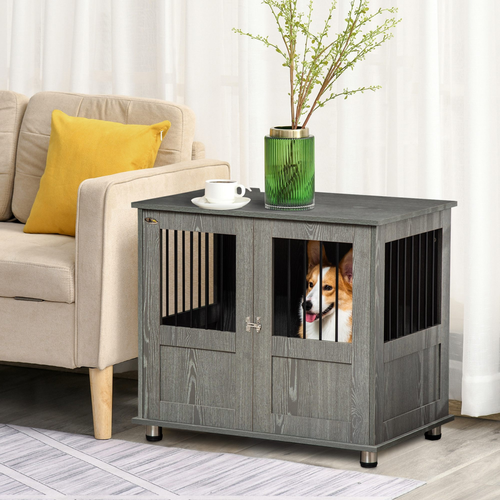 Chic Wooden & Wire Dog Cage: Stylish Kennel with Magnetic Doors & Side Table