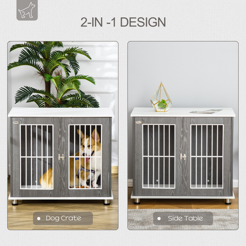 Stylish Grey & White Dog Crate: Dual-Function Kennel & Side Table Combo