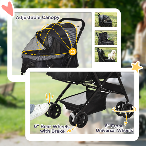Trendy Foldable Pet Stroller for Dogs & Cats - Reversible Handle, Black