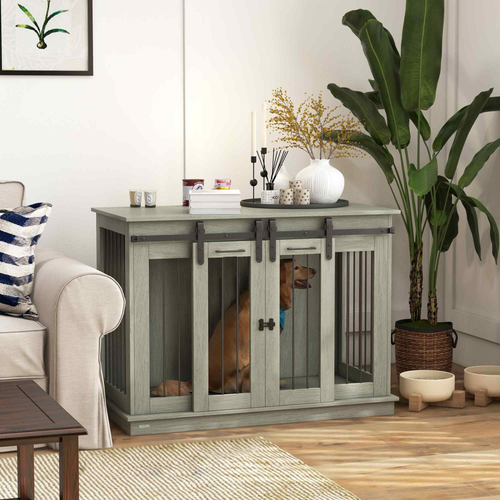 PawHut Rustic Dog Crate Furniture: Stylish Double Cage for Large & Small Dogs